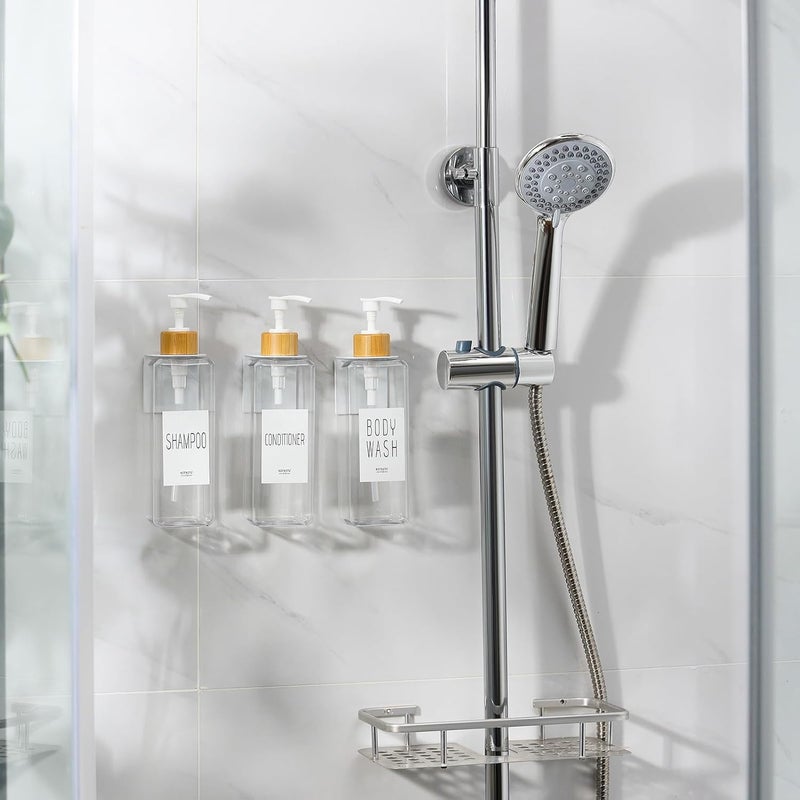 VITVITI Shampoo and Conditioner Dispenser, 17OZ Refillable Shower Soap Dispenser Wall Mounted, Plastic Shampoo/Body Wash Shower Bottles for Bathroom with Pump/Labels, Bamboo (Clear) - Image 2